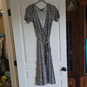 Ann Taylor Black and White Leopard Print Wrap Midi Dress